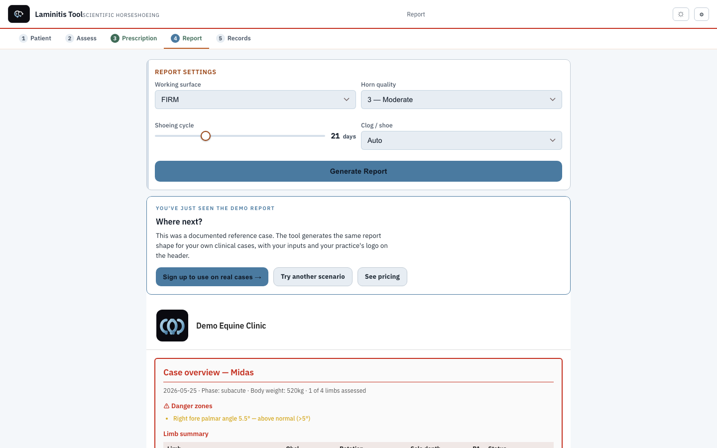 Report tab — clinical report ready for PDF export